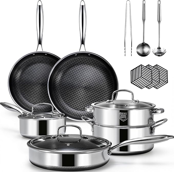 15 Piece Pots and Pans Set, Nonstick Tri-Ply Stainless Steel Cookware Set, Oven Safe, PFOA/PTFE Free, Dishwasher Safe, Compatible with All Cooktops