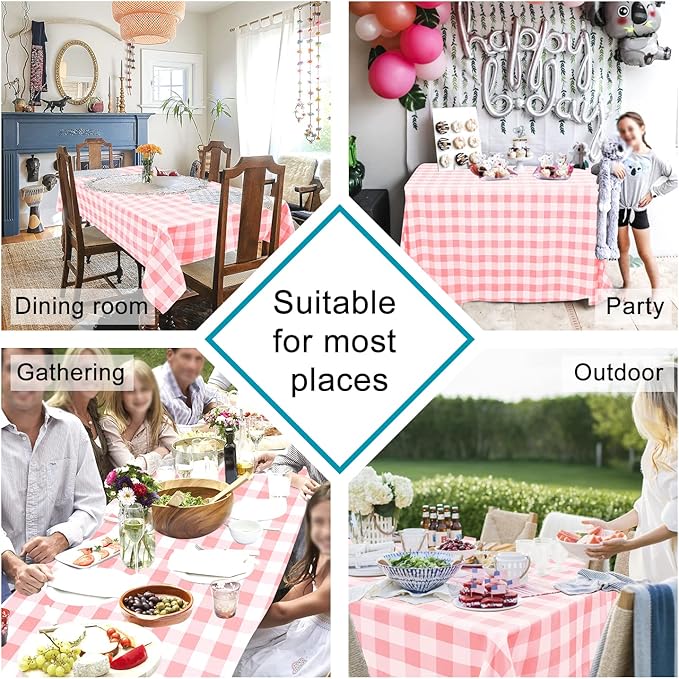 Hiasan Checkered Square Tablecloth - Stain Resistant, Waterproof and Wrinkle Resistant Washable Table Cloth for Valentine's Day, Dining Room, 60 x 60 Inch, Peach Pink and White Gingham Pattern