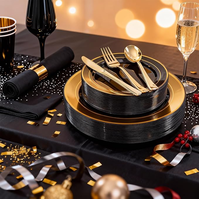 WELLIFE 210PCS Black and Gold Plastic Plates - Plastic Dinnerware Set for 30 Guests,Include 30 Dinner Plates, 30 Dessert Plates, 30 Black Cups 9 OZ, 30 Pre Rolled Napkins with Gold Silverware