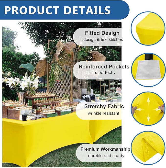 Fitted Stretch Table Cover for 6 Foot Rectangle Tables-8 Pack Yellow Spandex Tablecloth-Elastic Folding Tablecloths for Party, Vendor Booth Display, Banquet Buffet Event, Craft Trade Show