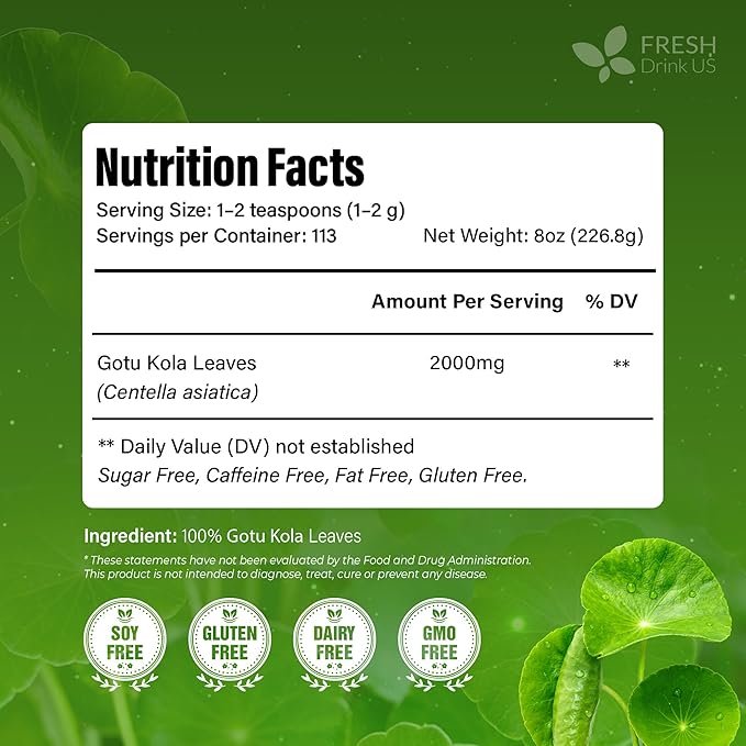 FreshDrinkUS, Premium Gotu Kola Leaves (Centella asiatica) | 8 oz Dried Loose Leaf | Naturally Mild & Earthy Herbal Tea – Premium Quality Leaves. Sugar-Free. Caffeine-Free. Vegan