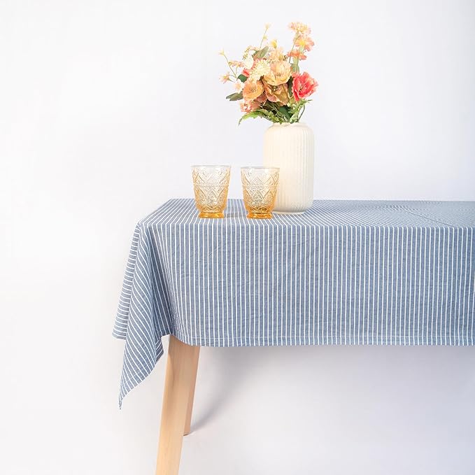 MONDAY MOOSE Striped Farmhouse Picnic Style Decoration Rectangle Natural Stonewashed Cotton Tablecloth for Kitchen, Dining Room, Restaurant (55x70 inch, Blue/White Stripes)
