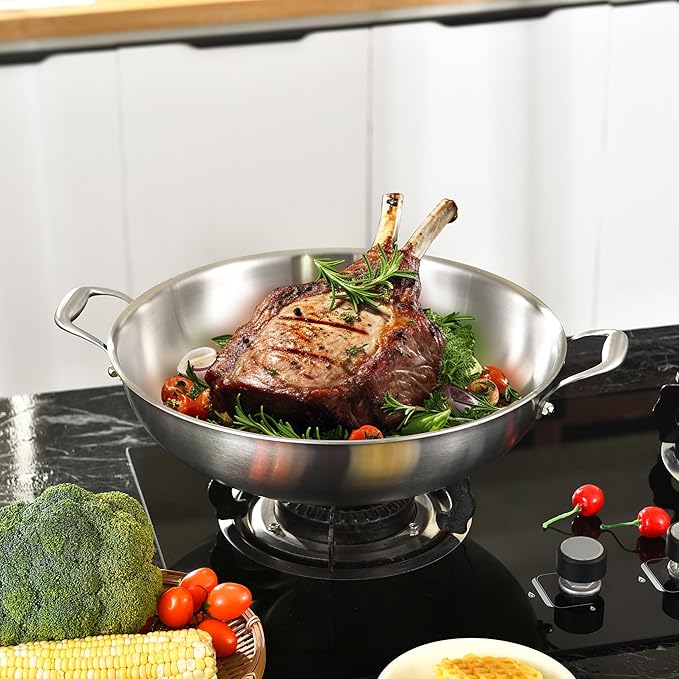 LOLYKITCH 14.5 Inch Tri-Ply Stainless Steel Wok Pan with Steel Lid,Deep Frying Pan,Jumbo Cooker,Induction Cooking Pan,Dishwasher and Oven Safe