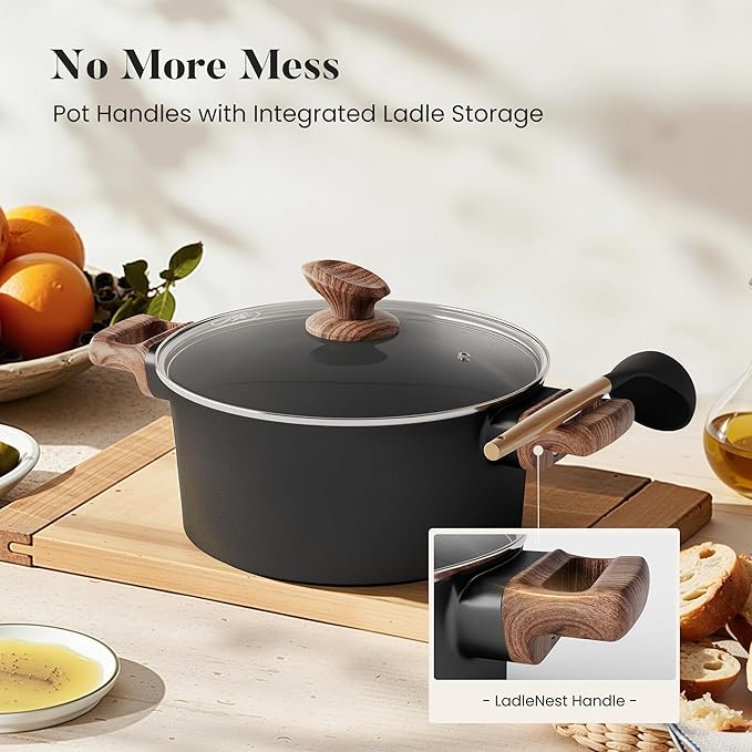 Kitchen Academy Non Toxic Pots and Pans Set Non Stick - 10 Pcs Induction Ceramic Cookware Set, Healthy Nonstick Black Cooking Pans Set, PFAS/PTFE/PFOA & PFOS Free