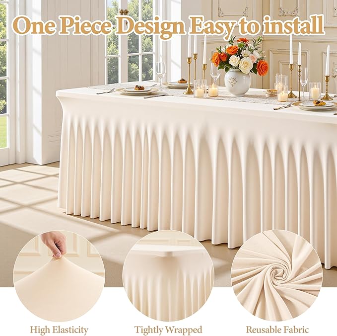 Light Champagne Spandex Table Covers 4 Foot Rectangle Table, Fitted Stretch Table Skirts Wrinkle-Free Floor Length Polyester Rectangle Tablecloths for Weddings Parties Banquets Events,2 Pack