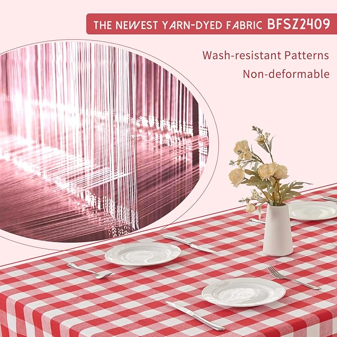 BALCONY & FALCON Rectangle Gingham Table Cloth – Water-Resistant Cotton Blend, Spill-Proof & Washable Checkered Tablecloth for Kitchen, Dining, Picnic, Party (Red White, 57x118 Inch)