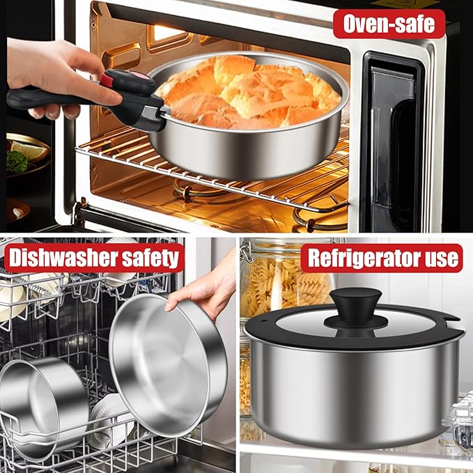 Stainless Steel Cookware Set, 6pcs Wok Pots and Pans Set Non Stick with Detachable Handle, Induction Cookware Set Kitchen Cooking Sets, RV/Camping Cookware, Dishwasher & Oven Safe,6pcs