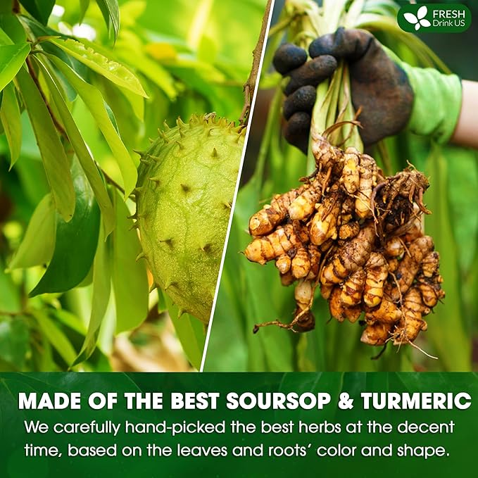 FreshDrinkUS, Premium 60 Soursop Turmeric Tea Bags, 100% Natural, Blend of Soursop Leaves, and Turmeric Root. Made with Natural Material Tea Bags. No Sugar, Vegan. | Premium, 100% Natural, No Sugar, Vegan