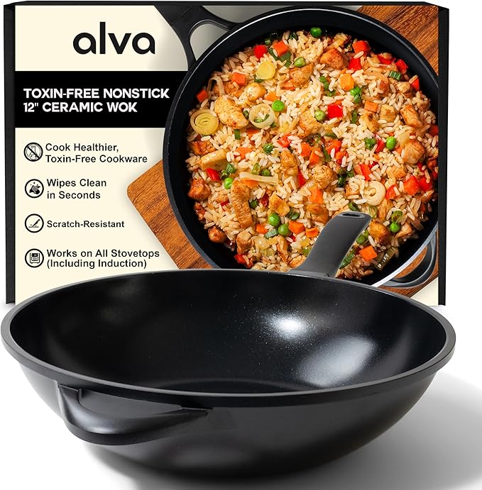 Alva Energy 12-Inch Ceramic Nonstick Wok – PFAS-Free Ceramic Coating, Lightweight Aluminum, Induction Compatible, Scratch-Resistant, Stay-Cool Handle