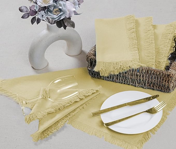 Bedding Craft Cotton Cloth Dinner Napkins Set of 12 – 18x18 French Vanilla Light Yellow with Fringed Corners – Machine Washable Fabric Napkins for Weddings, Baby Showers & Table Décor