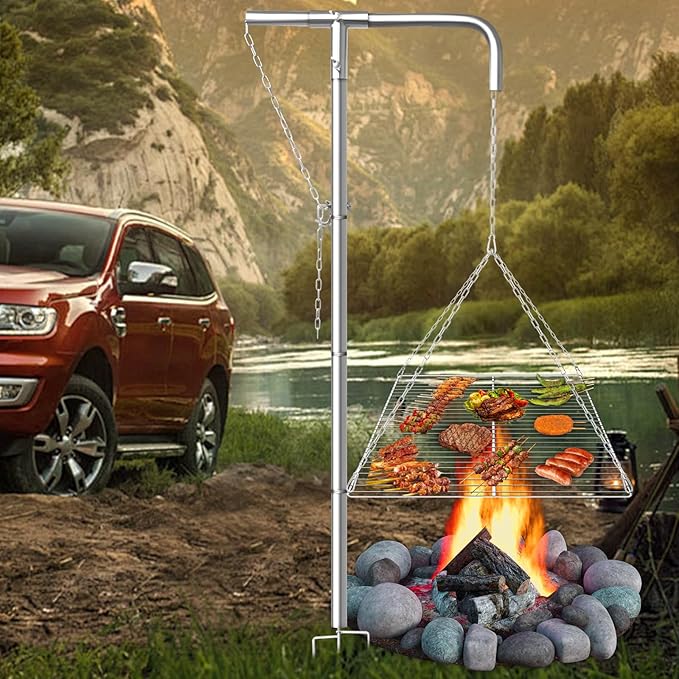 Tripod Campfire Grill with Adjustable Hanging Grate, 360° Rotating Fire Pit Grill System, Heavy Duty Stainless Steel Outdoor Cooking Stand for Camping & Backyard