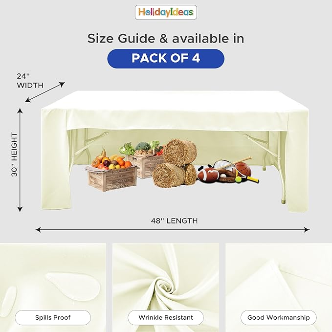 HolidayIdeas Open Back Fitted Tableclothss for 4 Foot Rectangle Table, Wrinkle Resistant Washable Table Covers 24x48 Inch for Craft Fairs, Banquets, Trade Show Display, Beige,4 Pcs
