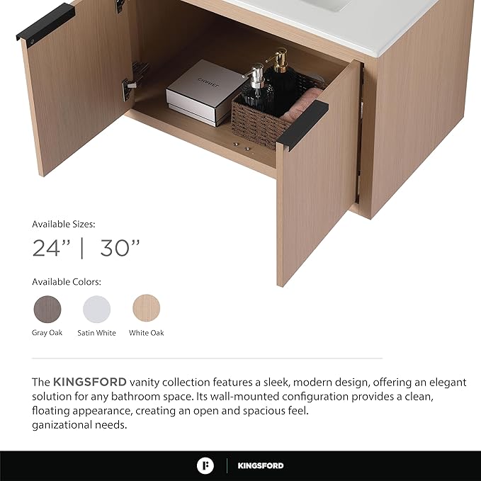 Fine Fixtures Kingsford Modern 30 Inch Bathroom Vanity with Sink, White Oak Finish, Elegant Bathroom Vanities for Modern Homes, Stylish Storage Solutions for Bathrooms