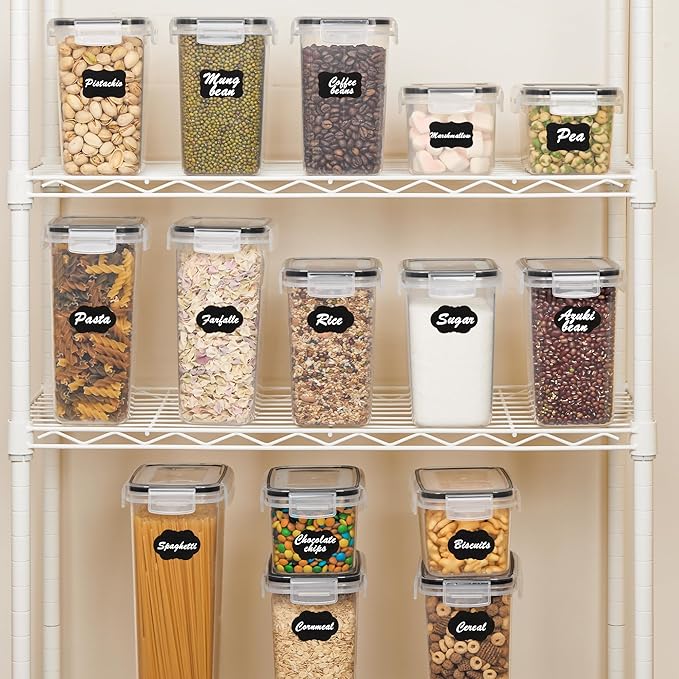 Airtight Food Storage Containers with Lids, Vtopmart 24 pcs Plastic Kitchen and Pantry Organization Canisters for Cereal, Dry Food, Flour and Sugar, BPA Free, Includes 24 Labels，Black