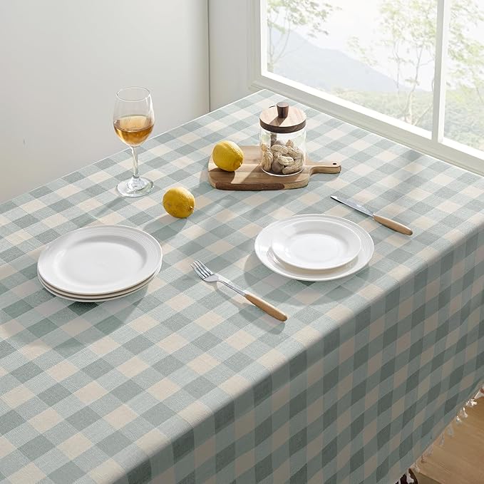 Softalker Checkered Tablecloth Rectangle, Outdoor Linen Cotton Gingham Table Cloth with Tassel, Heavy Duty Wrinkle Free Buffalo Plaid Table Cover for Kitchen Dining Home Party - 55 x 102 Inch, Aqua