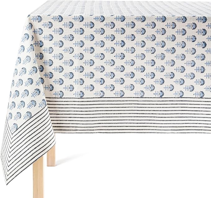 Over&Back Hand-Screened Tablecloth - Dining Table Cover - Each Tablecloth is Unique - 100% Cotton - Machine Washable - Kitchen and Home Decor - Blue Flower - 70x108