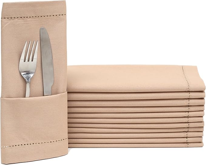 Lightnpro Cloth Dinner Napkins Set of 12 - Hemstitched Dinner Cloth Napkins, Washable and Reusable Natural Flax Napkins for Dining, Parties, Weddings, Holiday & Everyday Use - 18x18 Inch Beige