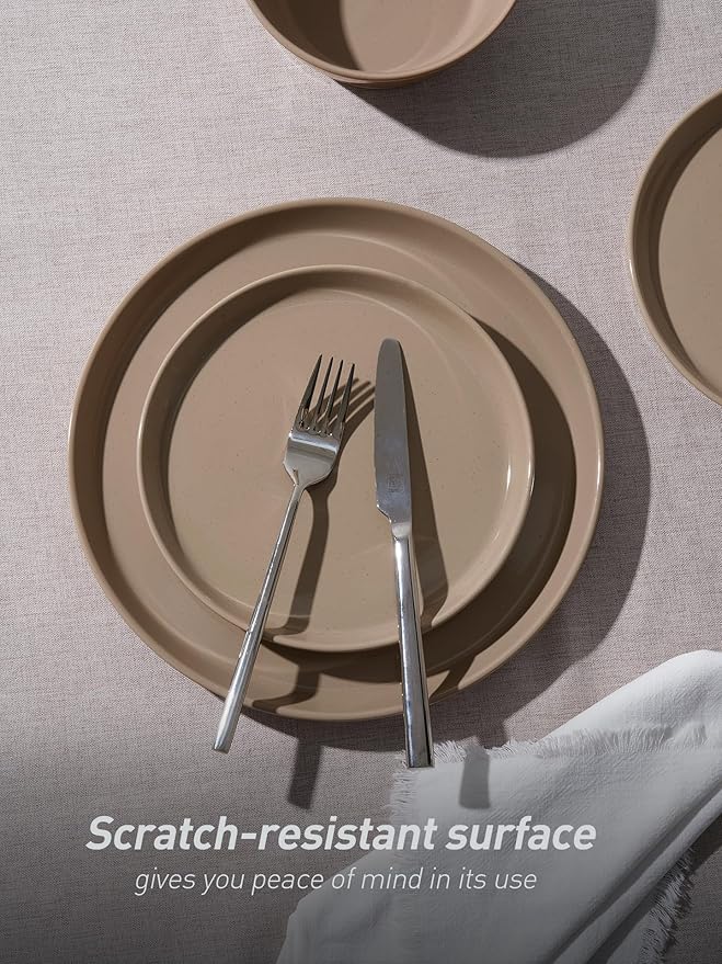 Famiware Saturn 16 Pieces Plates and Double Bowls Sets for 4, Stoneware Dinnerware Set with Pasta Bowl, Dish Set with Trim - Chip & Scratch Resistant, Microwave & Dishwasher Safe, Cinnamon Brown