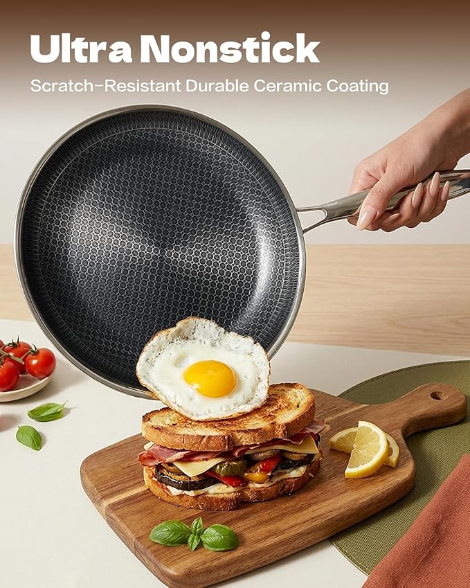 15 Piece Pots and Pans Set, Nonstick Tri-Ply Stainless Steel Cookware Set, Oven Safe, PFOA/PTFE Free, Dishwasher Safe, Compatible with All Cooktops