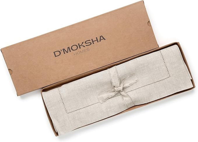 D'Moksha Homes Linen Light Natural Table Runner 120 Inches Long - 100% Pure Linen Hemstitch 14 x 120 Inch Table Runner for Dining, Valentines, Spring, Easter - Classic Hemstitch