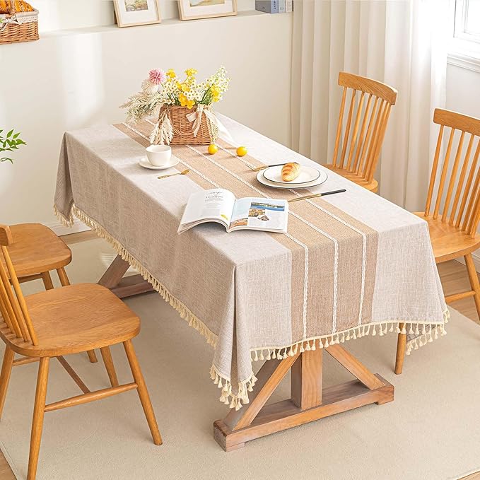 SIELUNO Farmhouse Tablecloth Cotton Linen Waterproof Burlap Table Cloth Rectangle Table Cloths for Kitchen Dinning Tabletop Decoration-Coffee Stripe-Rectangle, 55''x102'', 8-10 Seats