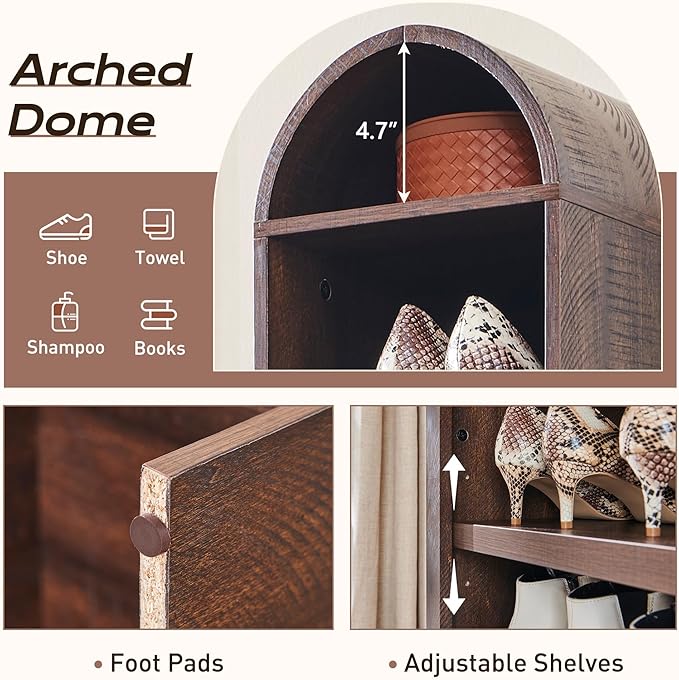 67" Tall Arched Bookshelf, 8 Tiers Arch Bookcase with Storage, Modern Farmhouse Book Shelf with Adjustable Shelves, Wood Bookshelf w/Open Display Shelves for Living Room, Office (Brown)
