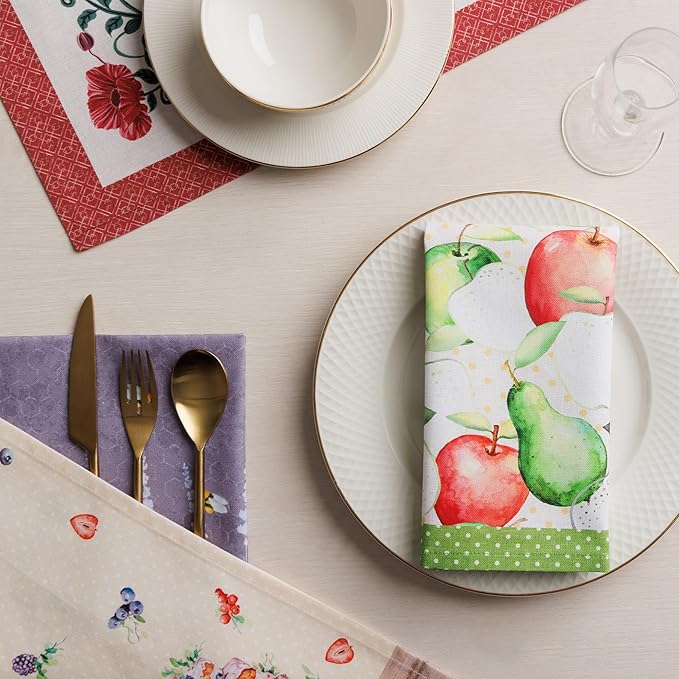 Maison d' Hermine Cloth Napkins Set of 4 100% Cotton Everyday Reusable Square Napkins Cloth Washable Dinner Party Wedding Restaurant Valentines Day Decorations Spring/Summer(Apples & Pears, 18" x 18")