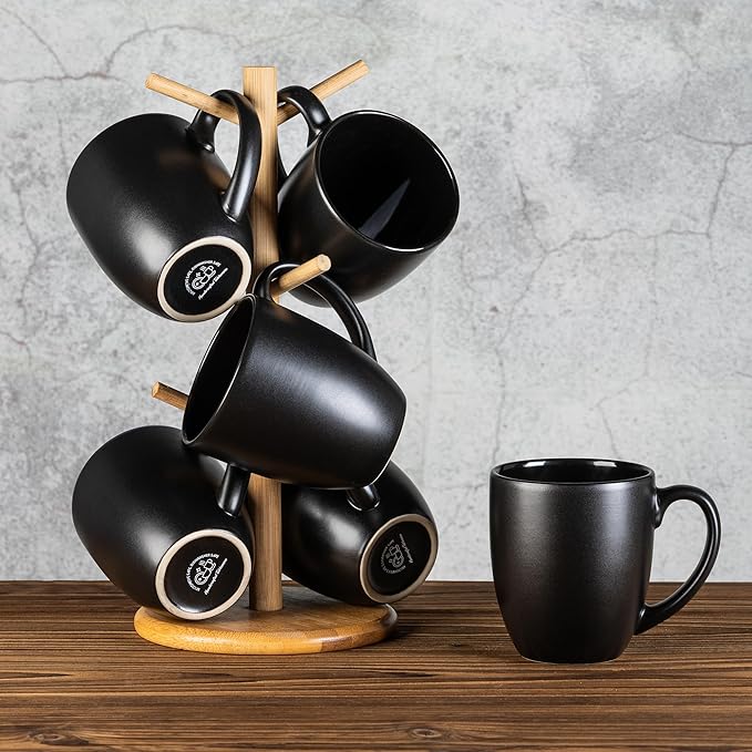 GBhome 12oz Coffee Mugs Set of 6, Large Ceramic Coffee Mugs for Man, Woman, Dad, Mom, Modern Coffee Mugs Set with handle for Tea/Latte/Cappuccino/Milk/Cocoa. Dishwasher&Microwave Safe,Matte Black
