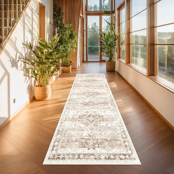 Beige Washable 2'6"x8' Wide Hallway Runners, Kitchen Runner Rug, Non-Slip & Stain Resistant Long Floor Rug, Neutral Boho Floral Decor (2'6"x8' Beige/Latte)