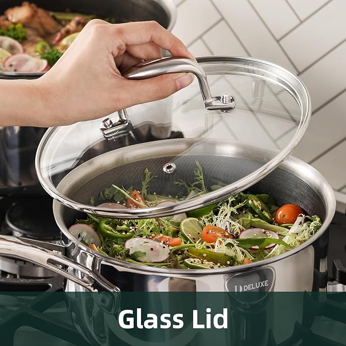 DELUXE Hybrid Ceramic Nonstick 2-Quart Saucepan with Tempered Glass Lid, Stainless Steel Pot with Stay-Cool Handle, Dishwasher Oven Safe, Induction Ready, PFOA Free Compatible with All Cooktops