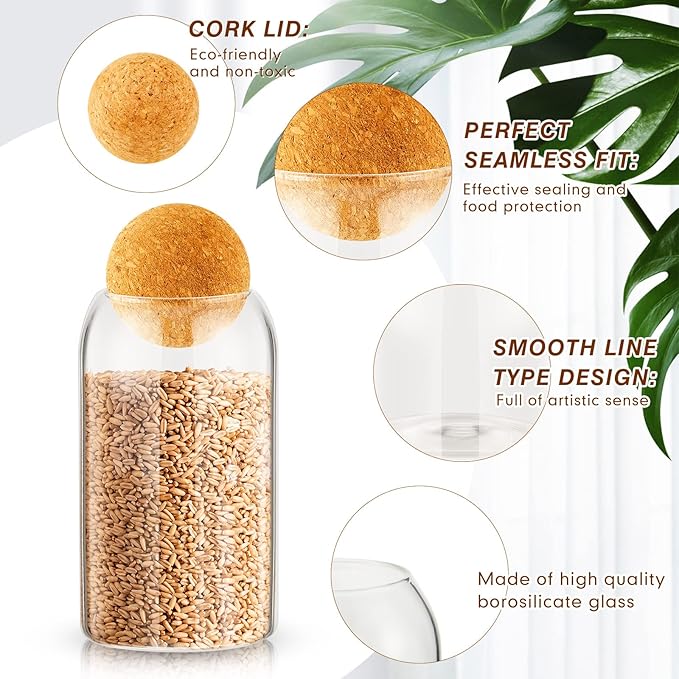Suclain 5 Pack Storage Glass Jar Set Food Tank with Spherical Cork Cute Ball Candy Jars Clear Coffee Canister Airtight for Kitchen Bottle Holder Serving Spice Sugar Tea, 4 Sizes