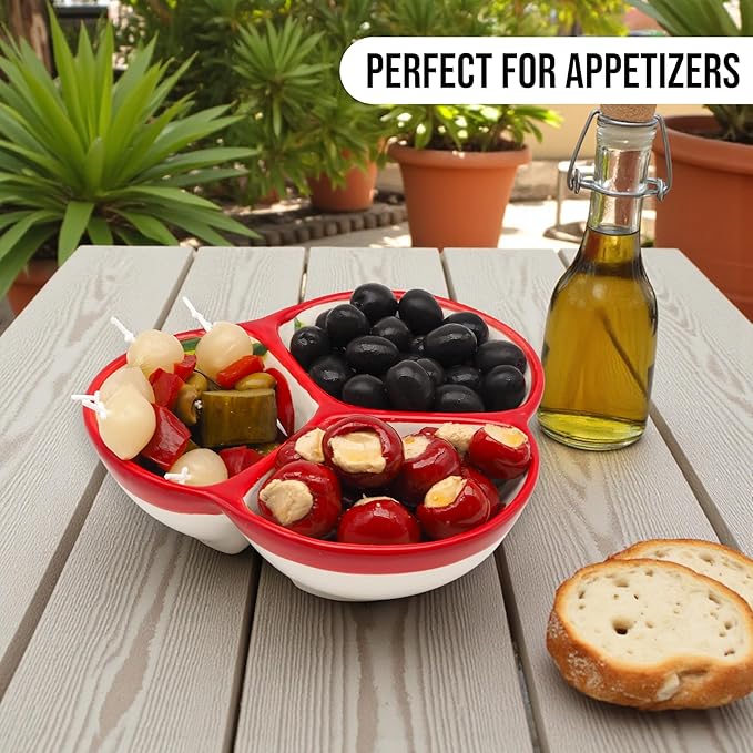 Ceramic Chip & Dip Bowl 7.5”, 3-Compartment Divided Serving Dish & Condiment Tray for Appetizers – Handmade in Spain, Lead-Free Glaze, Microwave, Oven & Dishwasher Safe