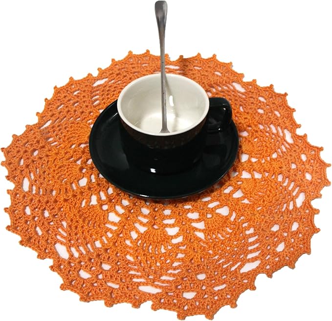 BIBITIME Lace Doilies Crochet Handmade Lace Coasters Round Placemat Rustic Table Doilies Decors for Kitchen Dining Room Party Dressers (11 inches to 12 inches,Pack of 2 PCS, Orange)