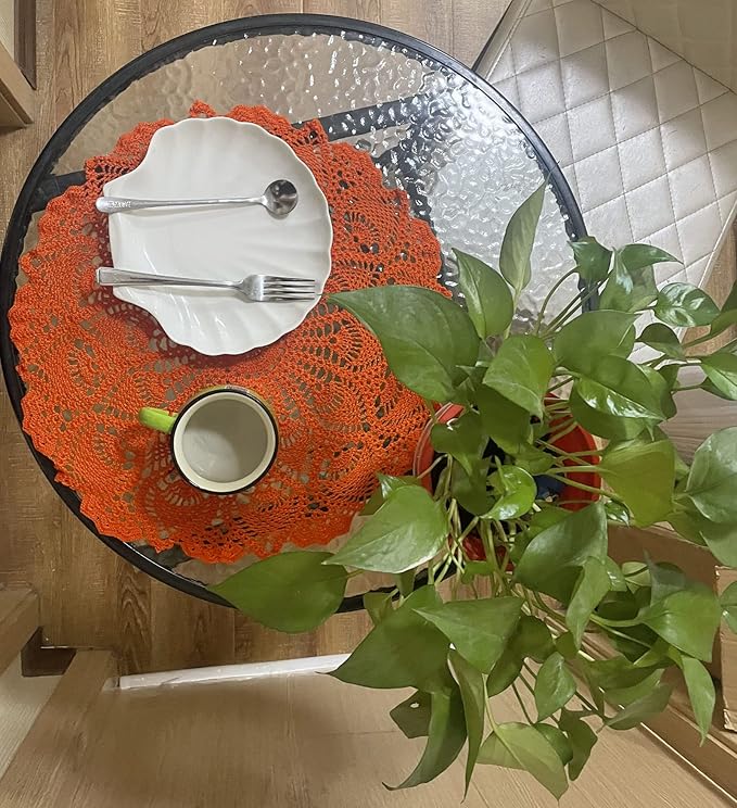 BIBITIME Lace Placemats Table Doilies Round Handmade Crochet Doily Kitchen Coffee Cup Mug Mats Dinner Place Mats (16 to 17.5 inches-2PCS, Orange)