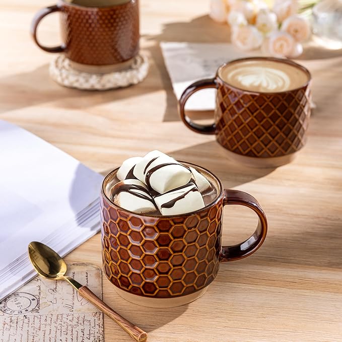 GBhome 15OZ Stackable Coffee Mugs, Ceramic Coffee Cups with Texture Patterns for Man,Woman,Dad,Mom, Modern Mugs Set of 4 for Latte/Cappuccino/Cocoa. Dishwasher&Microwave Safe, Caramel