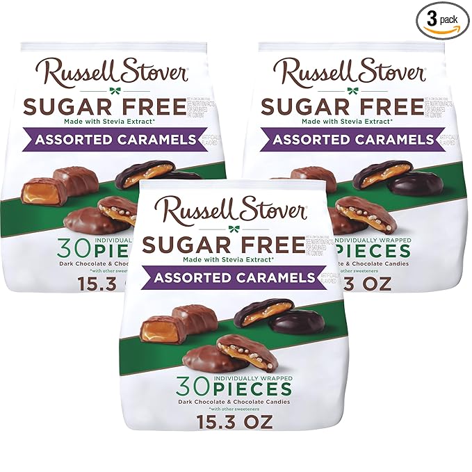 RUSSELL STOVER Sugarfree Assorted Caramels in Chocolate Candy, 15.3 oz. bag, 3 Pack