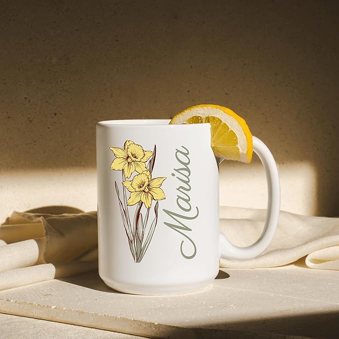 moonloom Personalized Coffee Mugs With Names & Birth Flowers Gifts, Customized Birth Month Flower Teacup 11 Or 15 Oz White Ceramic Mug Birthday Gifts (Bithflower- Vertical, White)
