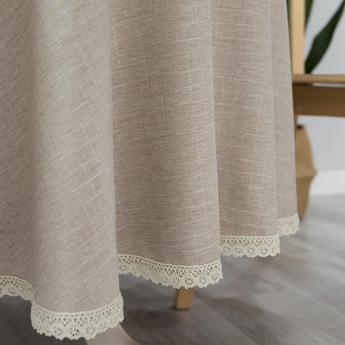 Lace Trim Tablecloth Linen-Look Textured Rustic Style Machine Washable Solid Heavy Weight Rectangle/Oblong Table Cloth Cover for Kitchen Dinning Tabletop Decoration 55x102 in Beige