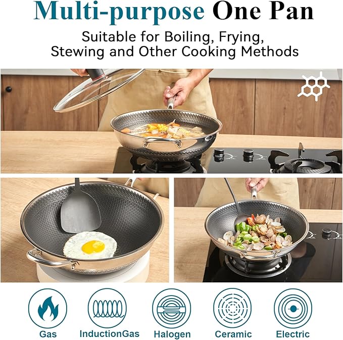 Wok Pan 12 Inch with Standing Lid, 18/10 Stainless Steel Honeycomb Wok, Hybrid Stir Fry Pan with Flat Bottom, Physical Non-Stick Structure, Induction Compatible, Dishwasher & Oven Safe