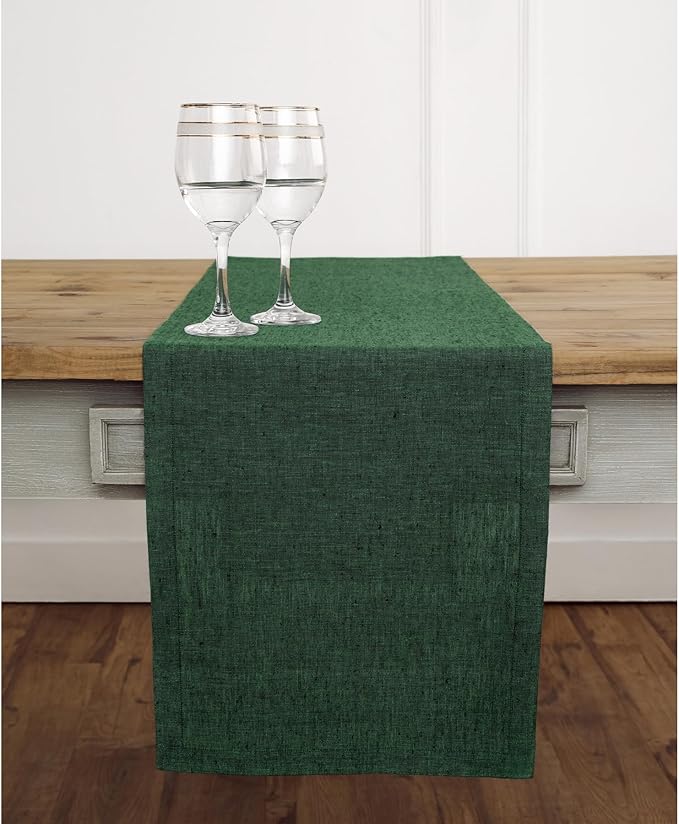 Solino Home Linen Table Runner 90 Inches Long - Athena, 100% Pure Linen Forest Green Table Runner 14 x 90 Inch for Dining, Winter, Easter, St Patricks Day