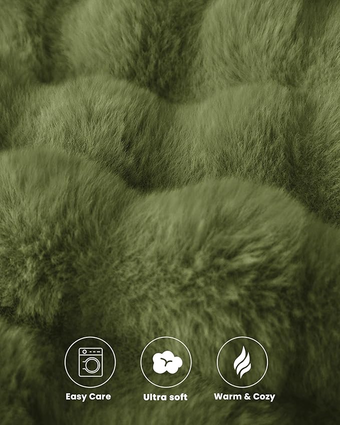 Ultra Soft Cozy Faux Fur Throw Blanket, Fuzzy Plush Thick Bubble Blanket, Oversize Luxury Fluffy Blanket for Couch, Bed, and Living Room, 60x80 Inches, Green