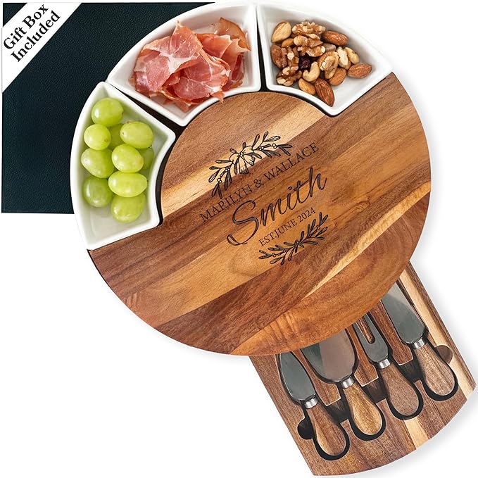 Personalized Charcuterie Board, 13'' Custom Round Cheese Board Gift, Acacia Wood Boards with Knives for Serving - Gifts for Housewarming New Home, Wedding, Anniversary, Christmas, Couples, Birthday