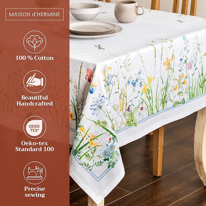 Maison d' Hermine Table Cloth Rectangle Table 100% Cotton 54 x 72 Inches Tablecloth Reusable Decorative for Dining Room Farmhouse Home Valentines Day Decorations Spring Summer - Fleurs De Mai