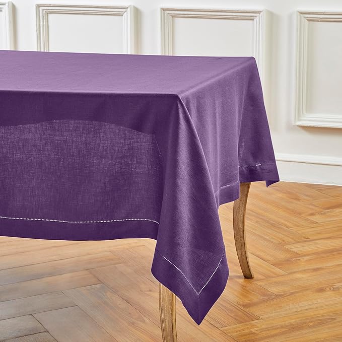 Solino Home Linen Tablecloth for Rectangle Tables 60 x 144 Inch - Classic Hemstitch 100% Pure Linen Purple Table Cloth - Machine Washable Cloth Tablecloth for Valentines, Spring, Easter
