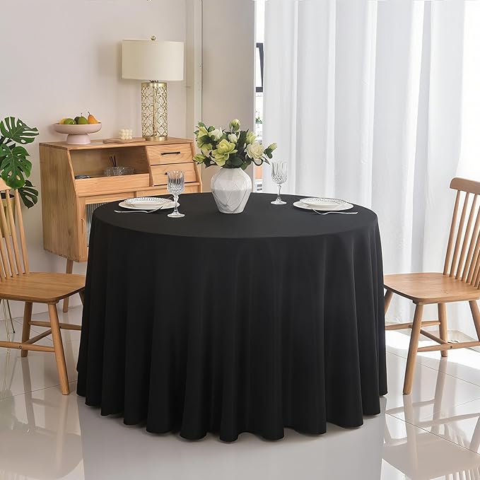 2-Pack Round 90-inch Black Table Cloths, Solid Stain and Wrinkle Resistant Circular Tablecloth, Premium Plain Weave Polyester Fabric Table Linen Covers for Hotel, Banquet