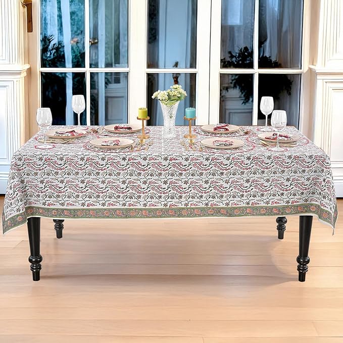 Ridhi Hand Block Print Coral Pink Rectangle Cotton Tablecloth 120" x 80" Reusable Table Cover Decorative Everyday Use for Dining, Farmhouse, Home Gift for Spring, Easter, Valentine