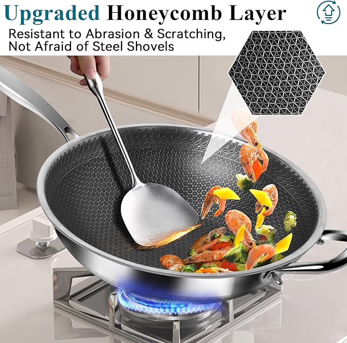 Wok Pan 12 Inch with Standing Lid, 18/10 Stainless Steel Honeycomb Wok, Hybrid Stir Fry Pan with Flat Bottom, Physical Non-Stick Structure, Induction Compatible, Dishwasher & Oven Safe