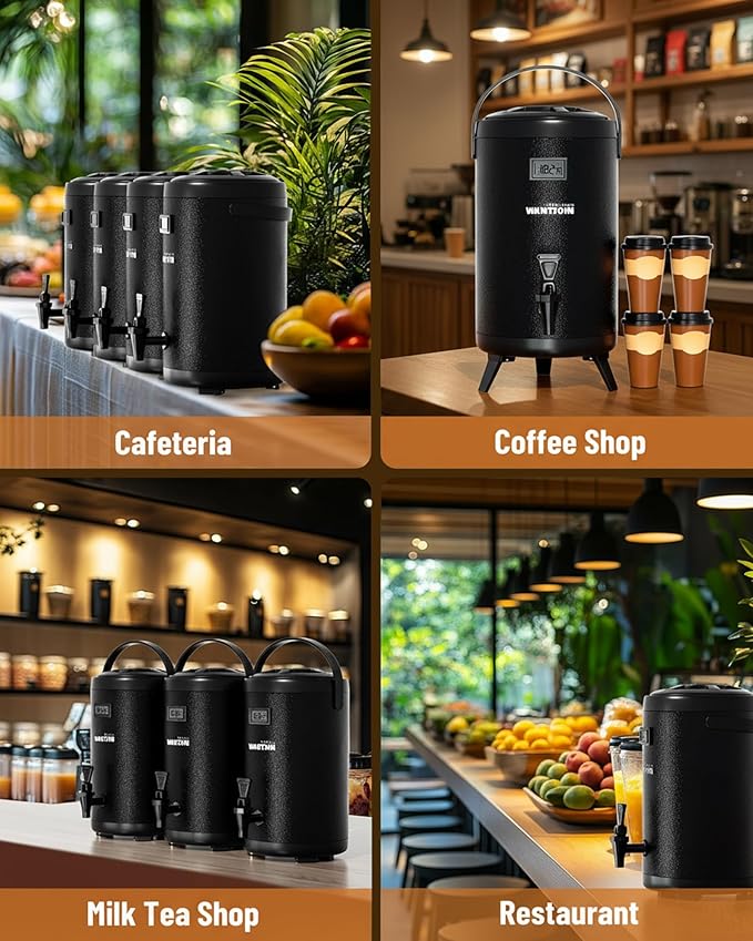 Thermal Beverage Dispenser - 8L/2.1Gal Black Stainless Steel, Single, LCD Thermometer, Triple-Layer Insulated, Non-Electric Hot & Cold Drink Dispenser for Coffee, Tea