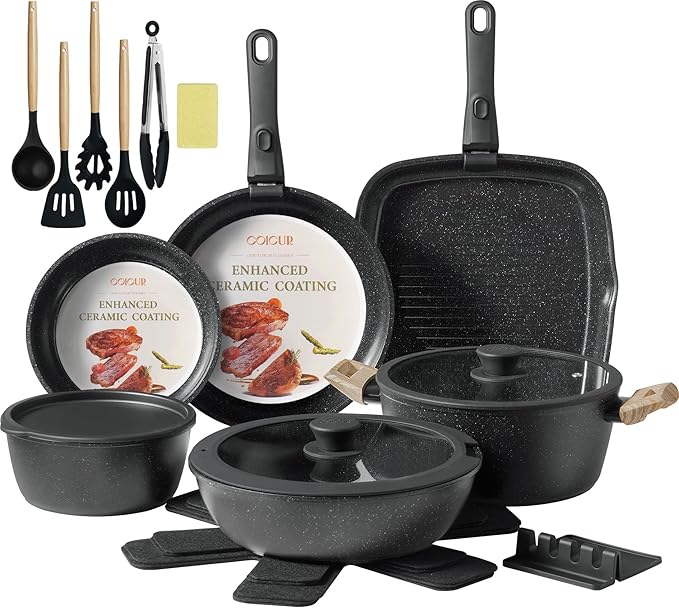 23Pcs Ceramic Cookware Set Non Stick Pots and Pans Set Non Toxic with Detachable Handle Induction Kitchen Cookware Set Space Saving, Oven & Dishwasher Safe, Black