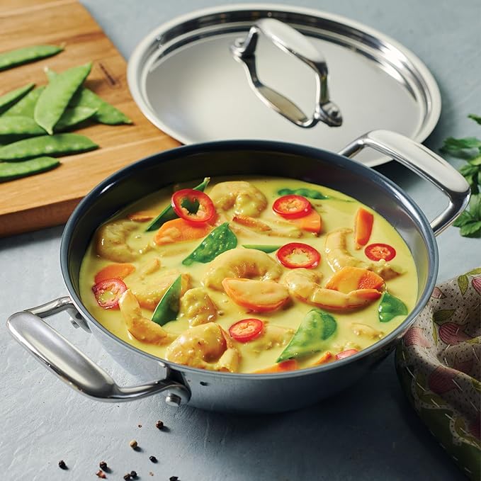 Tramontina Utsava Tri-Ply Clad Stainless Steel 1.8-Quart Kadai with Lid and Ceramic Non Stick Interior, Induction-Ready Small Kadhai Pot for Indian Cooking